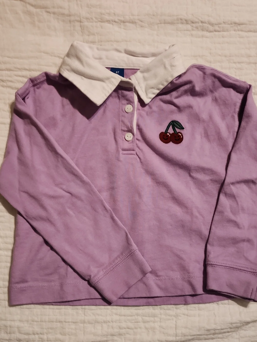 Old Navy Lilac Long-Sleeve Polo with White Collar and Cherry Patch